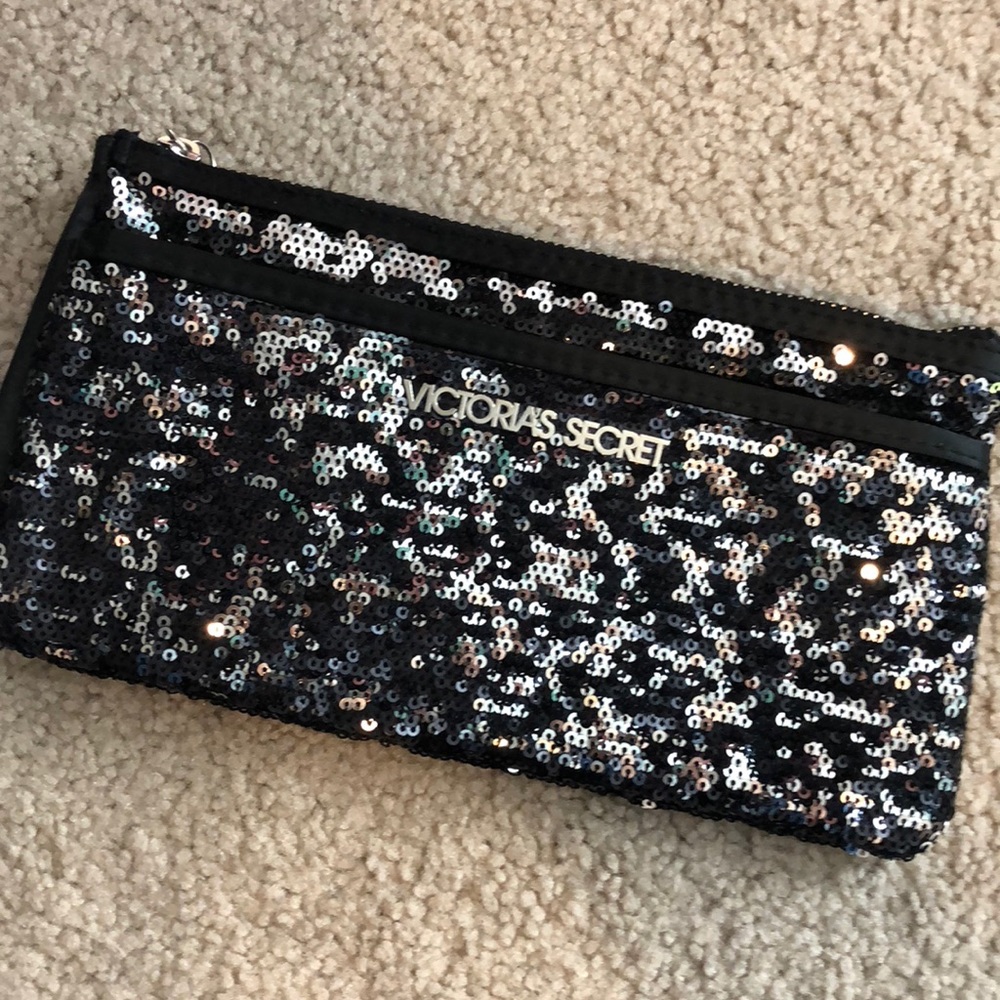 VS Victoria's Secret sequined disco black clutch purse bag zipper lined
